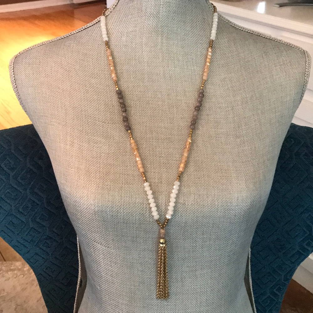 Blush Gray Ivory Long Necklace w Gold Tassel